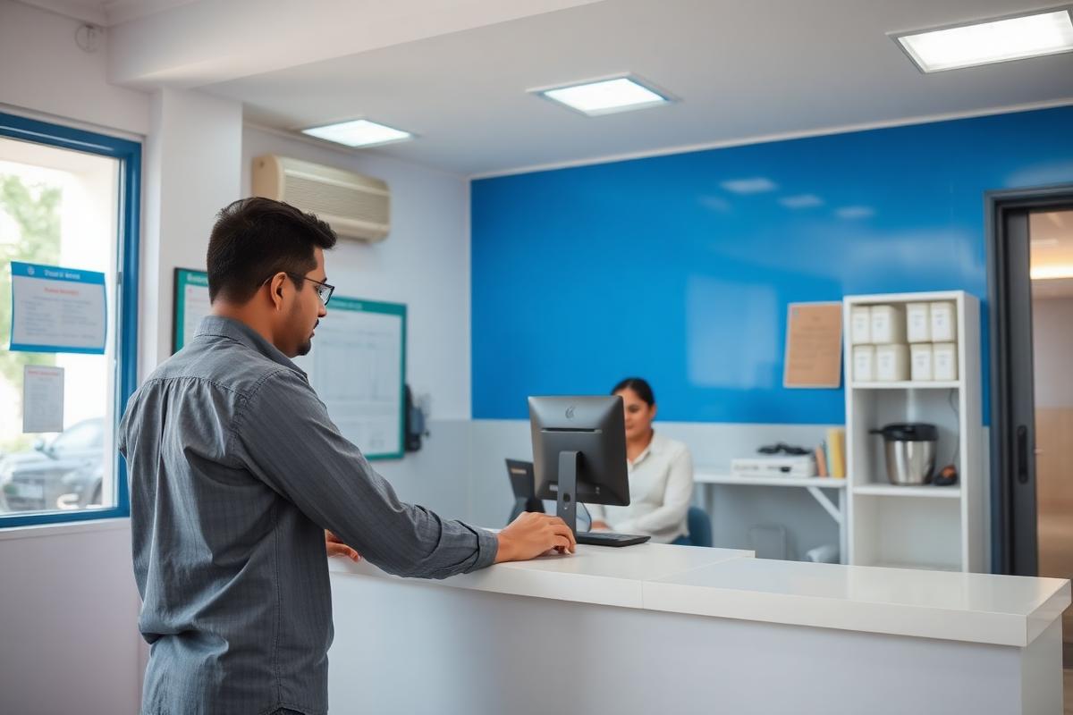 A local service centre counter where a partner assists a customer